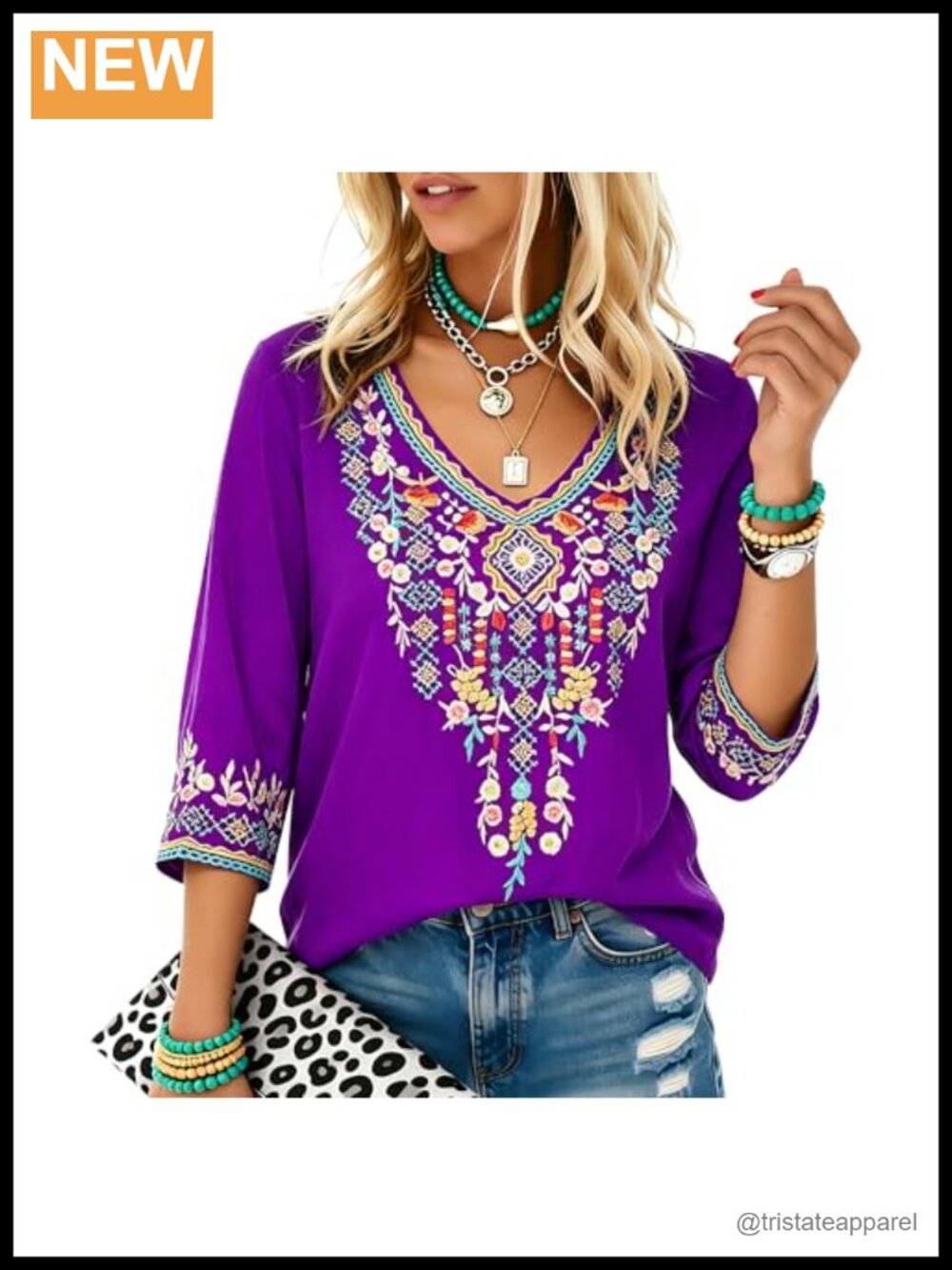 Higustar Mexican Embroidered Tunic Top Peasant Blouse 3/4 Sleeve Boho